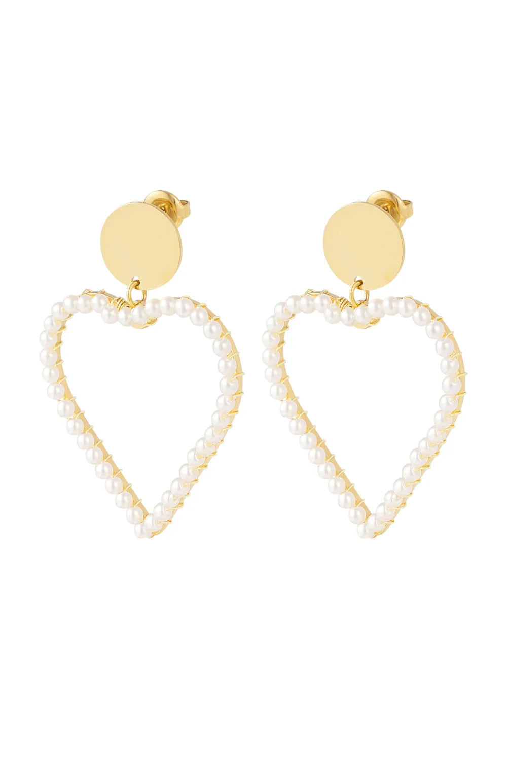 Gouden stainless steel hart oorbellen met witte pareltjes