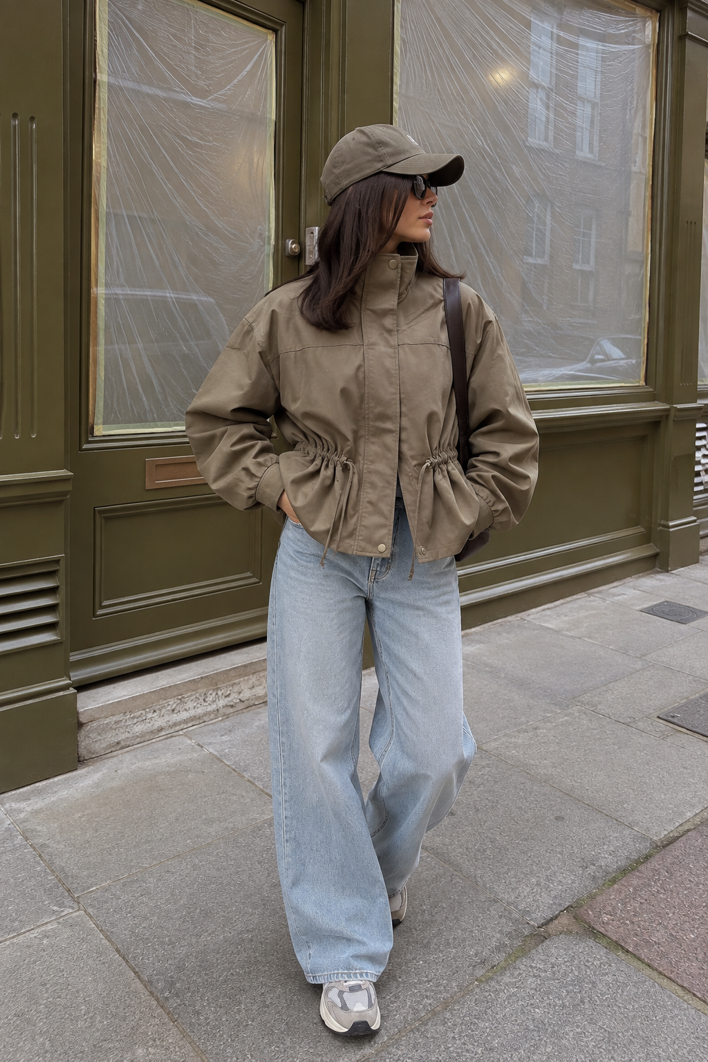 Vrouw draagt Jasje Camille in legergroen met wide leg jeans en pet