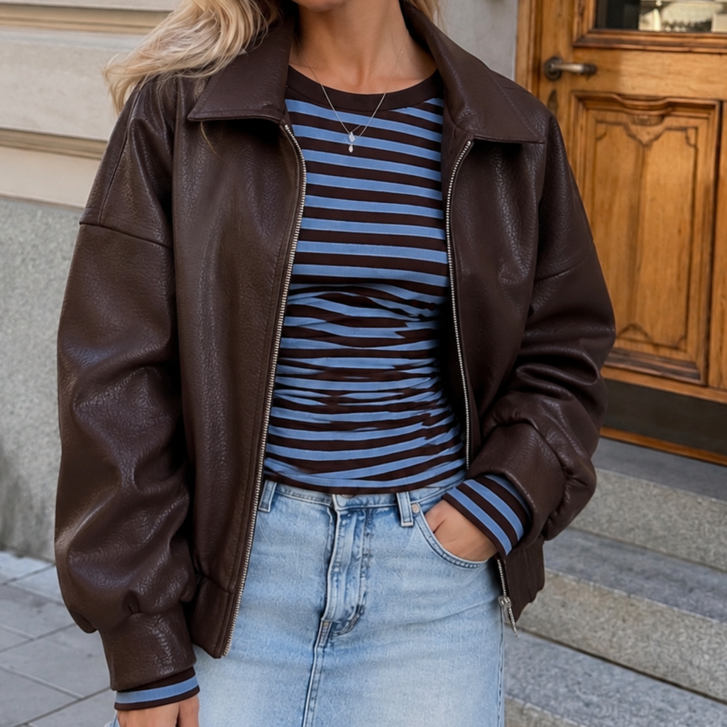 Vrouw draagt Jasje Nova in bruine leather look over Micky top met streepjes, gecombineerd met jeans
