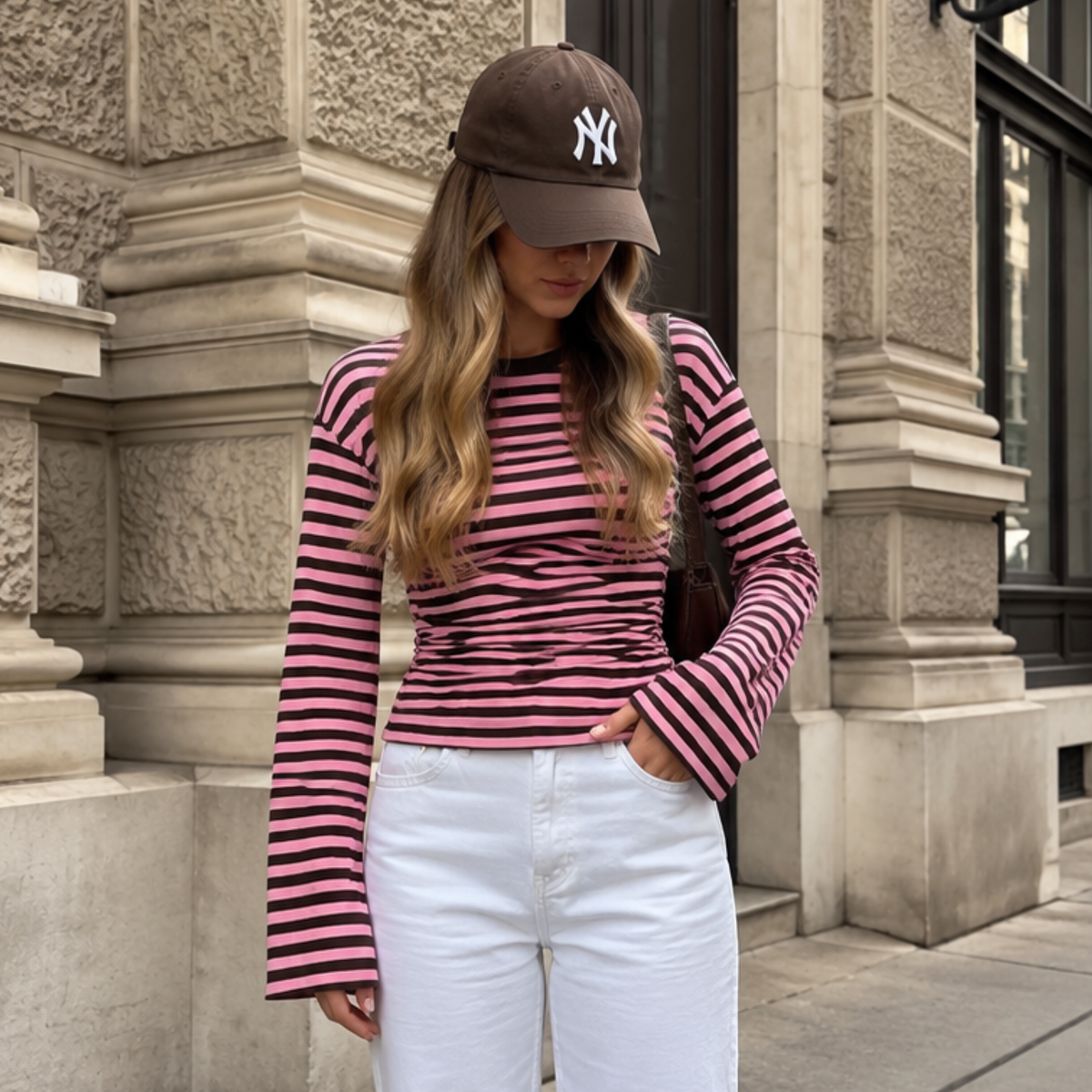 Vrouw draagt Micky Top in roze/bruin gestreept met witte broek en pet