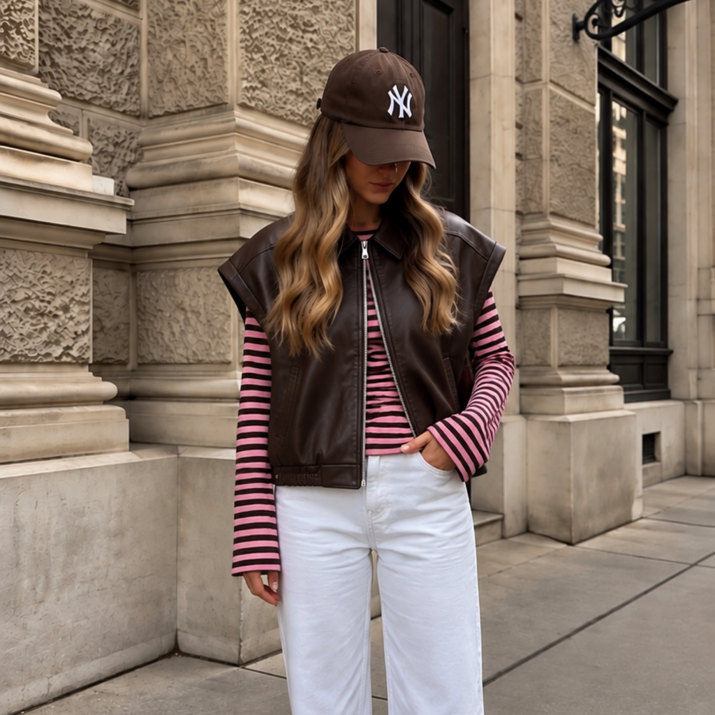 Micky Top in roze/bruin gestreept, gecombineerd  Sienna Gilet Oversized Bruin
