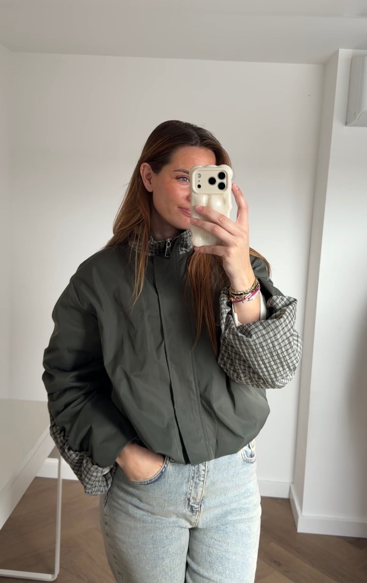 Jules Check Jacket Green – kort groen katoenen damesjasje met geruite details