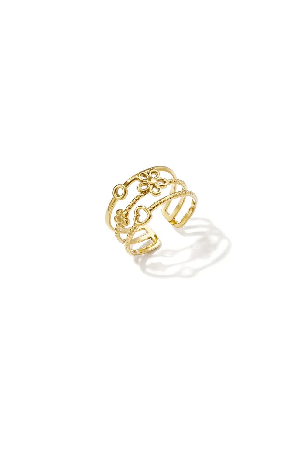 Gouden Ring Amour verstelbare stainless steel ring met hartjes en bloemen